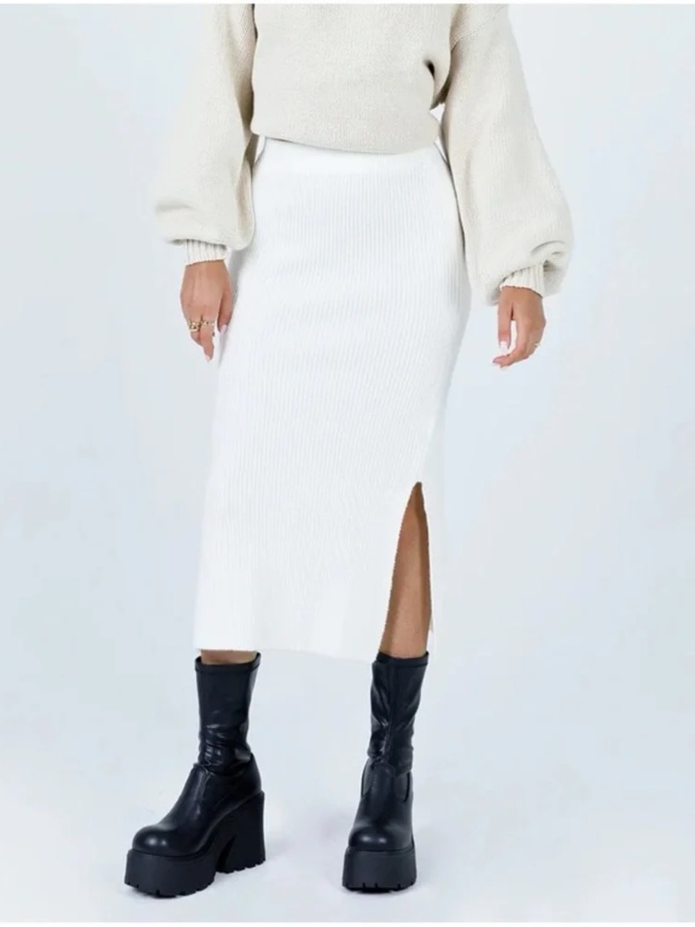 Princess Polly Cream Ribbed Knit Midi Skirt with Side Slit